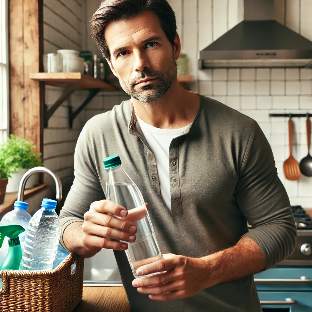 A man in his 40s holding a glass bottle of water while avoiding plastic containers, demonstrating how to avoid TRT by reducing exposure to endocrine disruptors