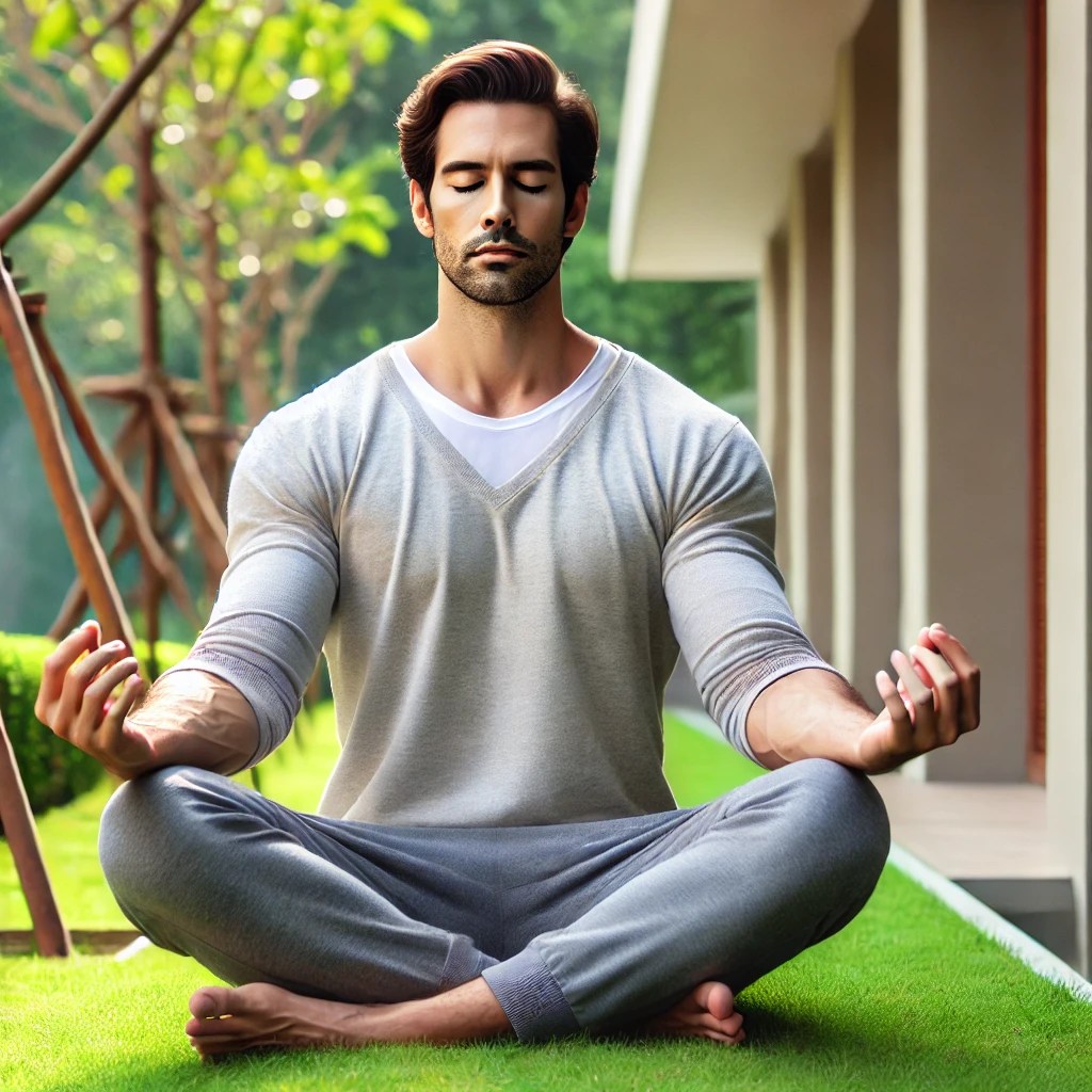 A man in his 40s meditating in a peaceful outdoor space, demonstrating how stress reduction can support testosterone production.