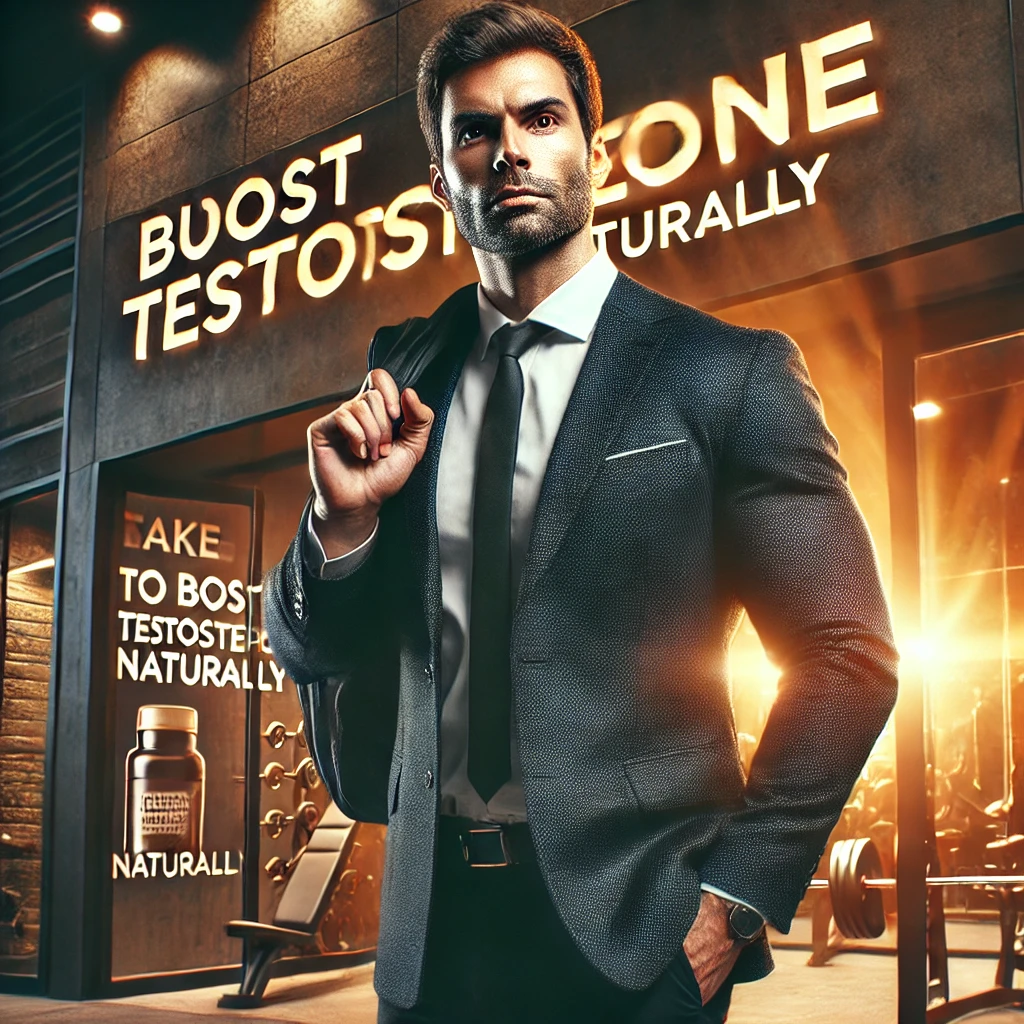 A confident, well-dressed man in his 40s stands outside a gym, holding a gym bag over his shoulder, exuding vitality, success, and a determined mindset. The warm lighting and subtle gym background create an inspiring call to action—this is the moment to take control of testosterone levels and boost health naturally.